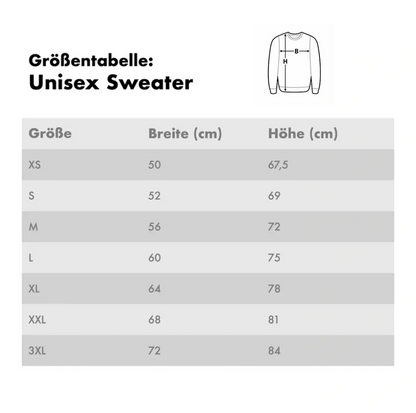 Maattabel voor unisex sweaters met maten in cm van XS tot 3XL.