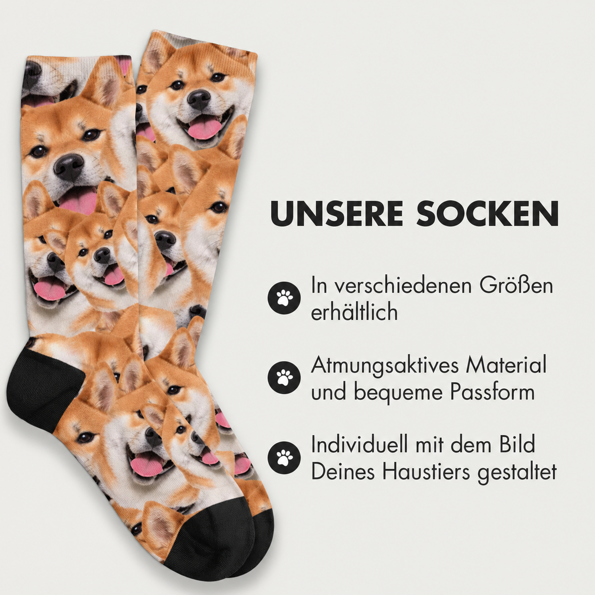 Gepersonaliseerde sokken met fotopatroon van shiba inu's, ademend materiaal, zwarte tenen.