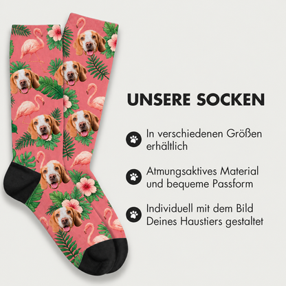 Gepersonaliseerde sokken met kleurrijk vogel- en huisdiermotief op roze achtergrond, van ademend materiaal.