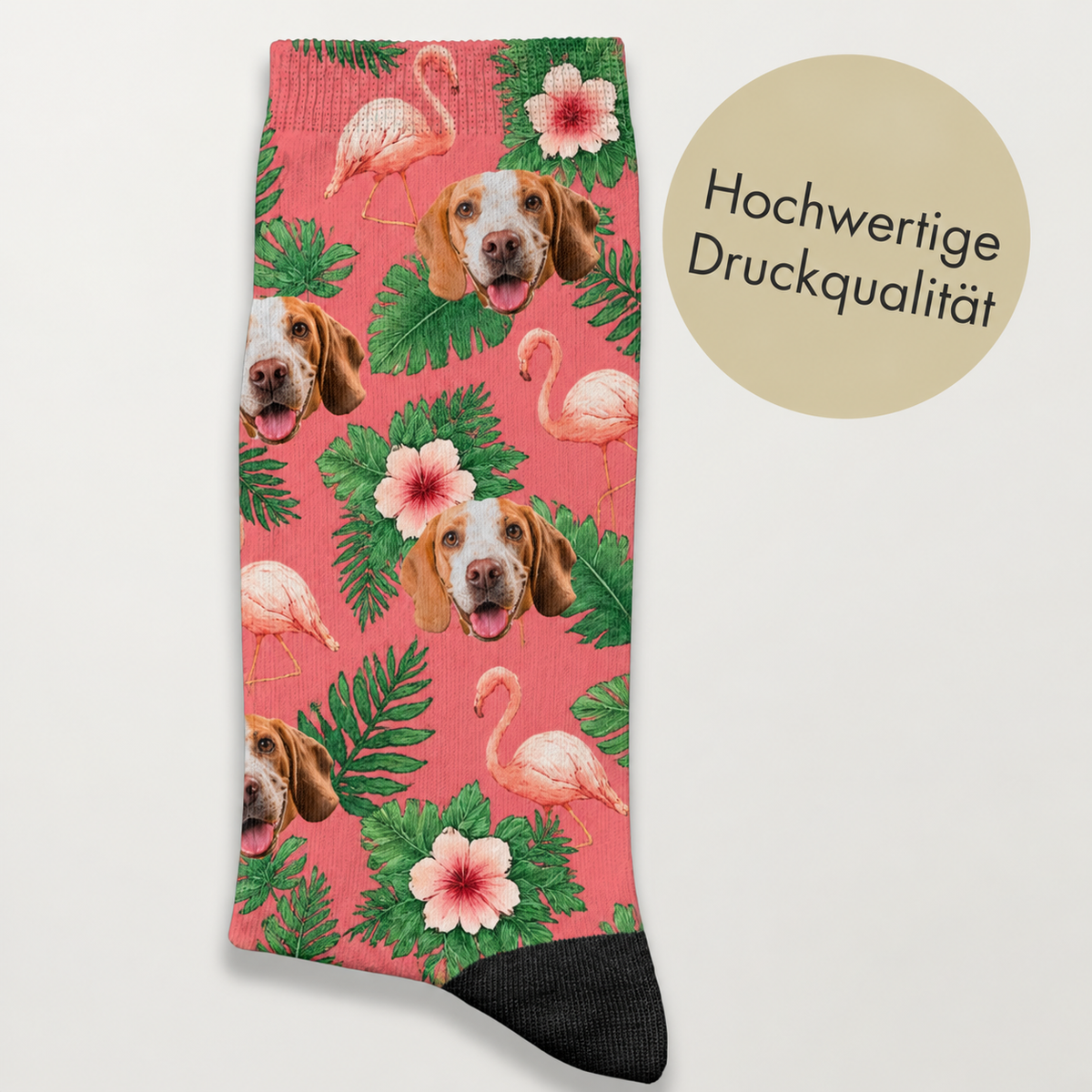 Koraalkleurige sokken met hondengezichten, flamingo's en tropische plantenmotieven. Hoogwaardige print.