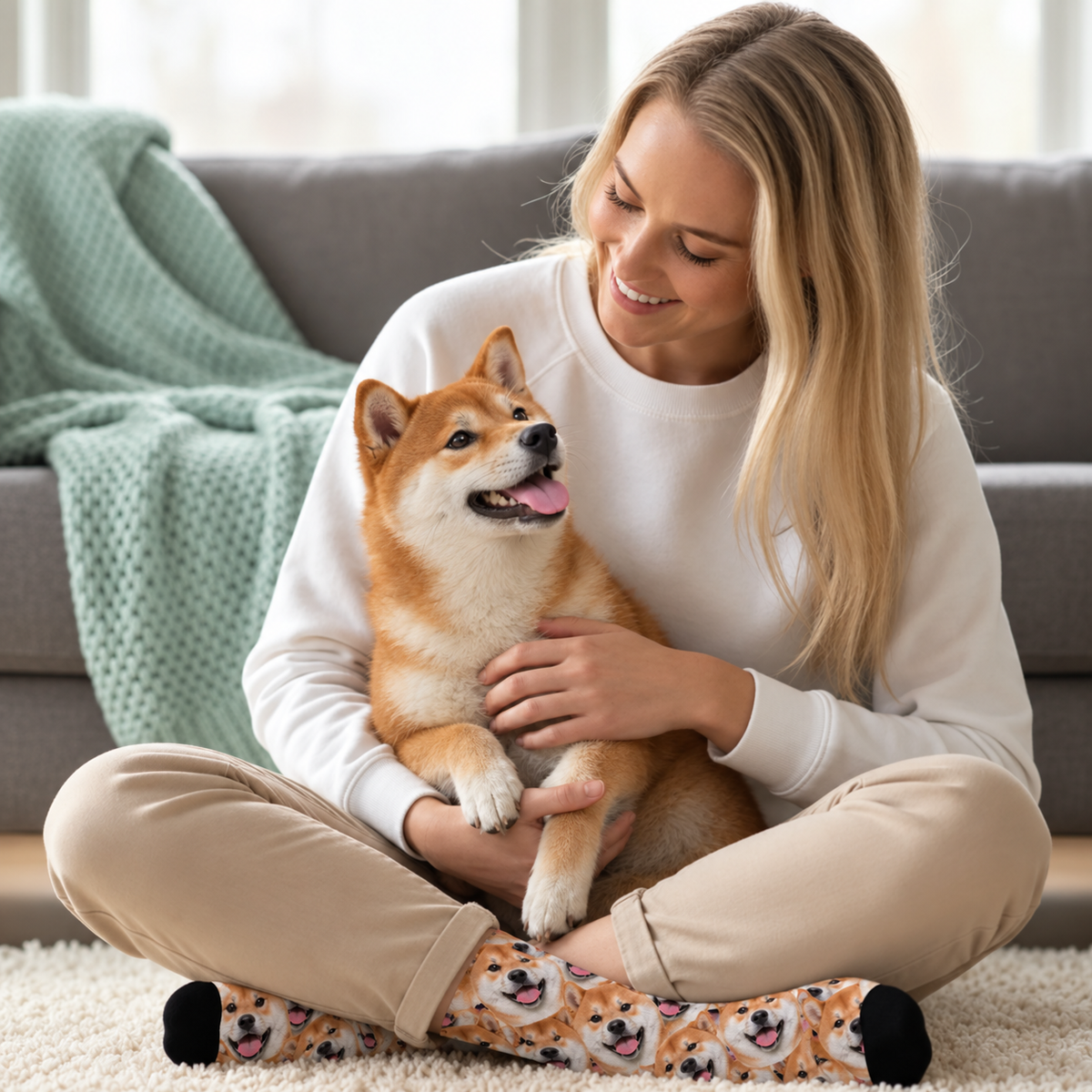 Gepersonaliseerde sokken met wild fotopatroon, gedetailleerde afbeelding van een shiba inu.