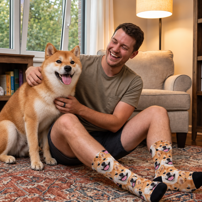 Gepersonaliseerde sokken met fotopatroon van shiba inu's, kleurrijk en van hoogwaardig materiaal.