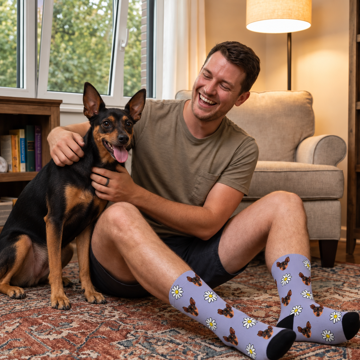 Gepersonaliseerde paarse sokken met fotopatroon van bloemen en honden, gedragen door iemand met een hond, zijaanzicht.