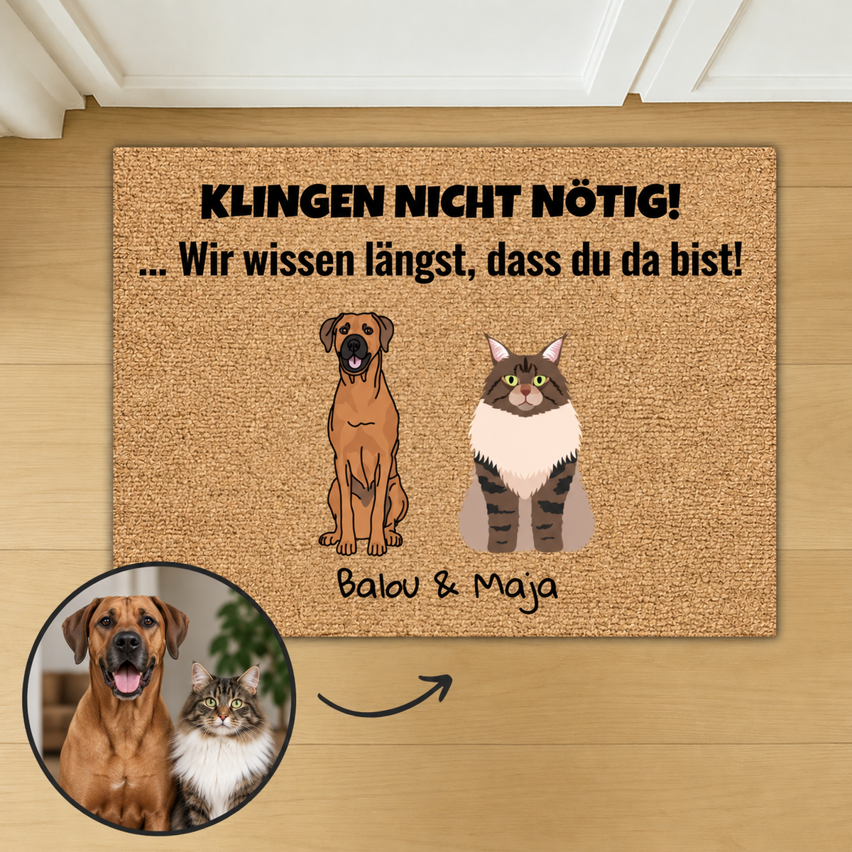 Gepersonaliseerde kokosmat met tekeningen van hond en kat, tekst: "Klingeln nicht nötig!"