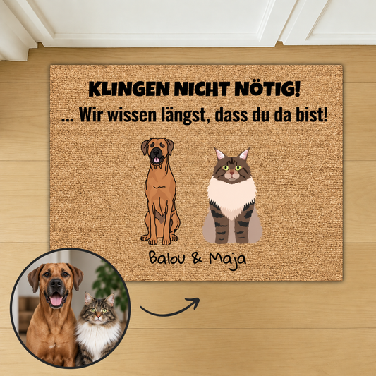 Gepersonaliseerde kokosmat met tekeningen van hond en kat, tekst: "Klingeln nicht nötig!"