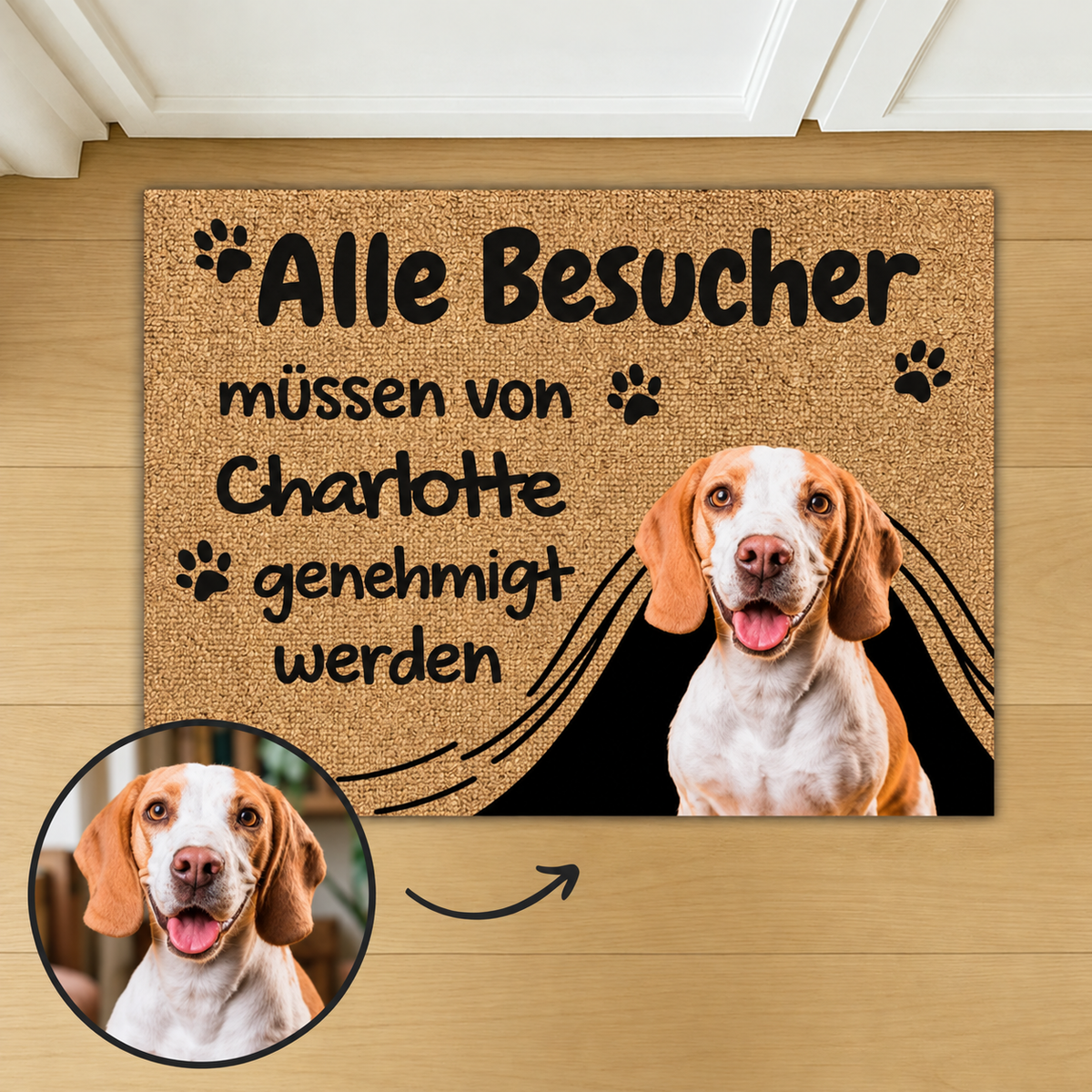 Paillasson personnalisé avec inscription et photo d'un chien, matière marron au design noir et beige.