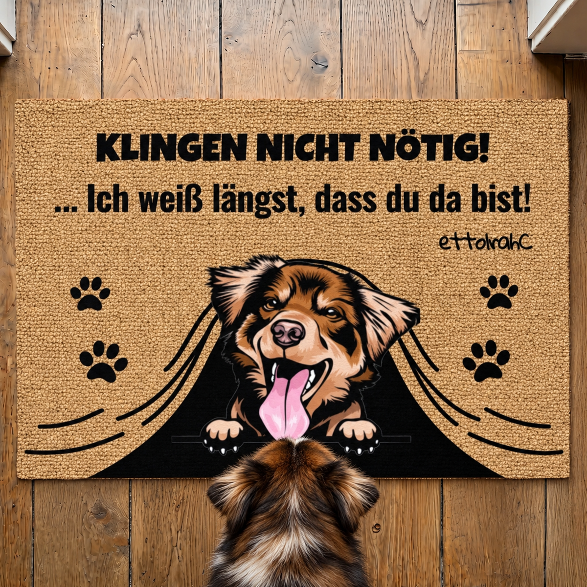 Gepersonaliseerde kokosvezelmat met hondenmotief en de tekst "Klingeln nicht nötig!" in zwart.