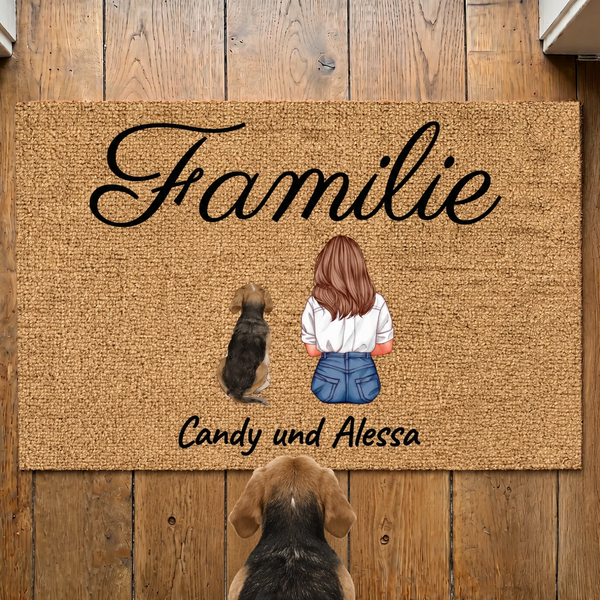 Gepersonaliseerde deurmat van natuurlijk materiaal met het woord "Familie" en de namen Candy en Alessa.