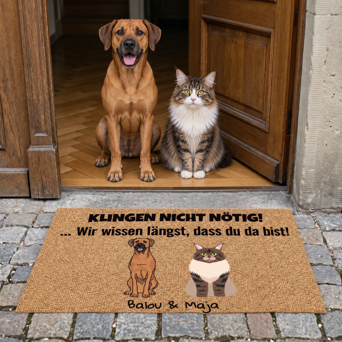 Gepersonaliseerde bedrukte deurmat, bruin, met een hond en een kat.