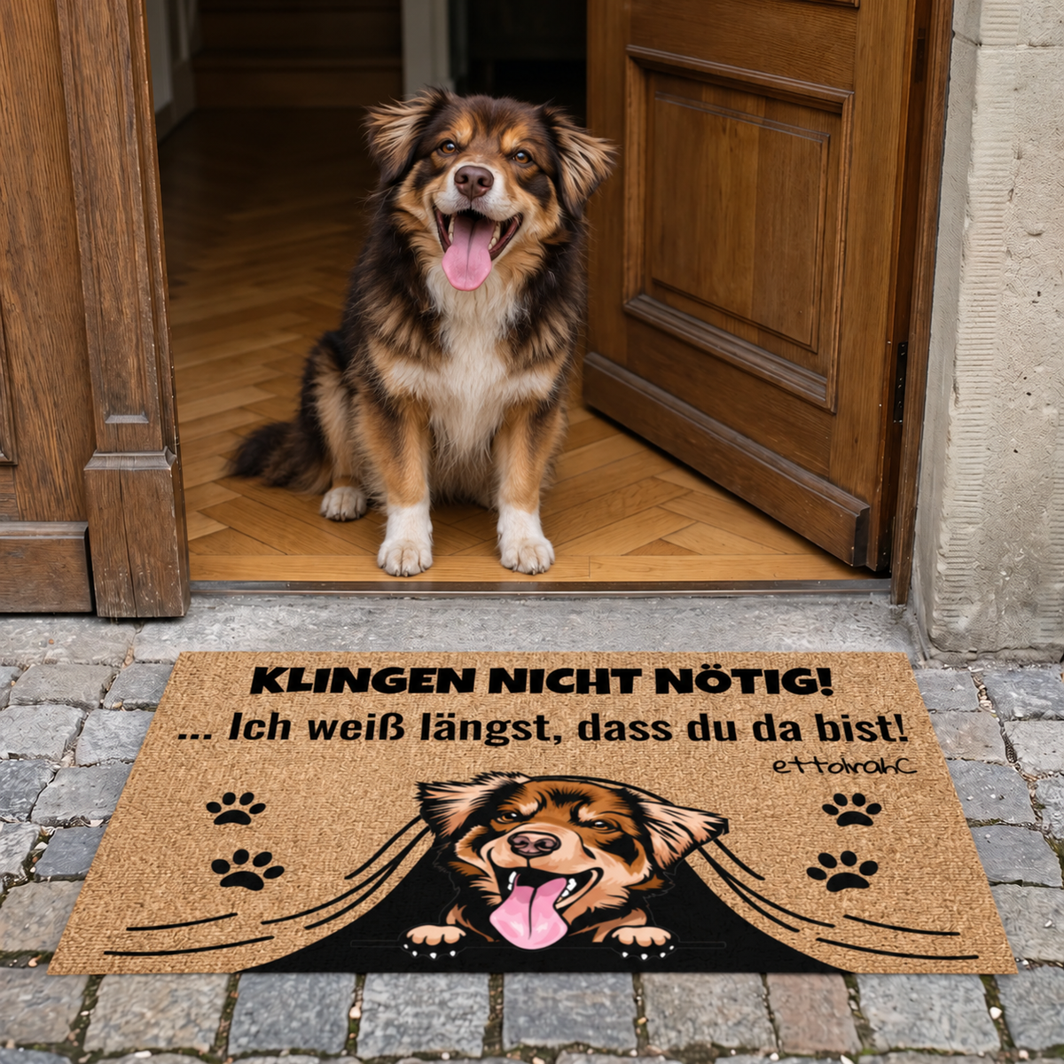 Kokosmat met hondenmotief en tekst, bruin en zwart.