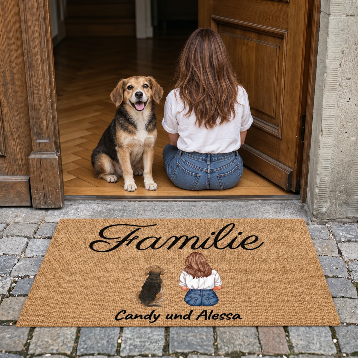 Gepersonaliseerde deurmat met het woord "Familie" en een tekening van een persoon met hond in bruin.