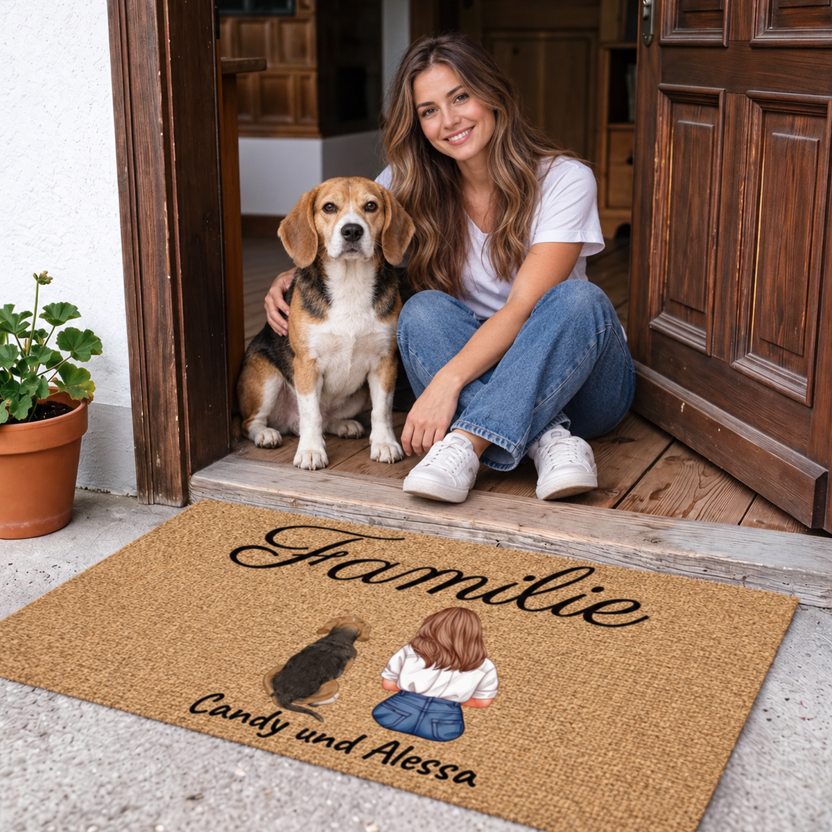Gepersonaliseerde deurmat met het woord "Familie" en illustraties van twee personen en een hond.