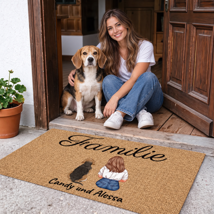 Gepersonaliseerde deurmat met het woord "Familie" en illustraties van twee personen en een hond.
