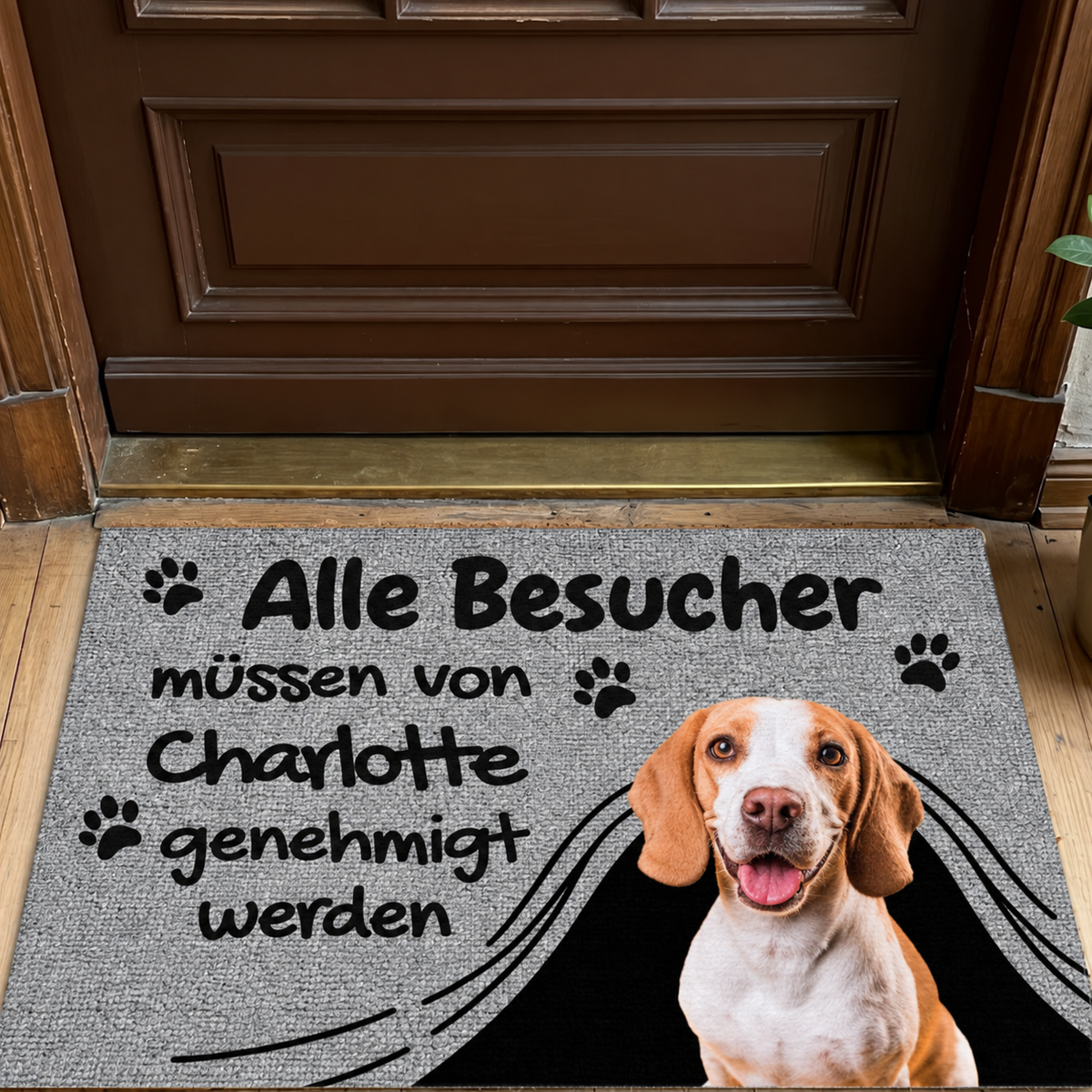 Paillasson gris personnalisé avec texte et photo de chien.