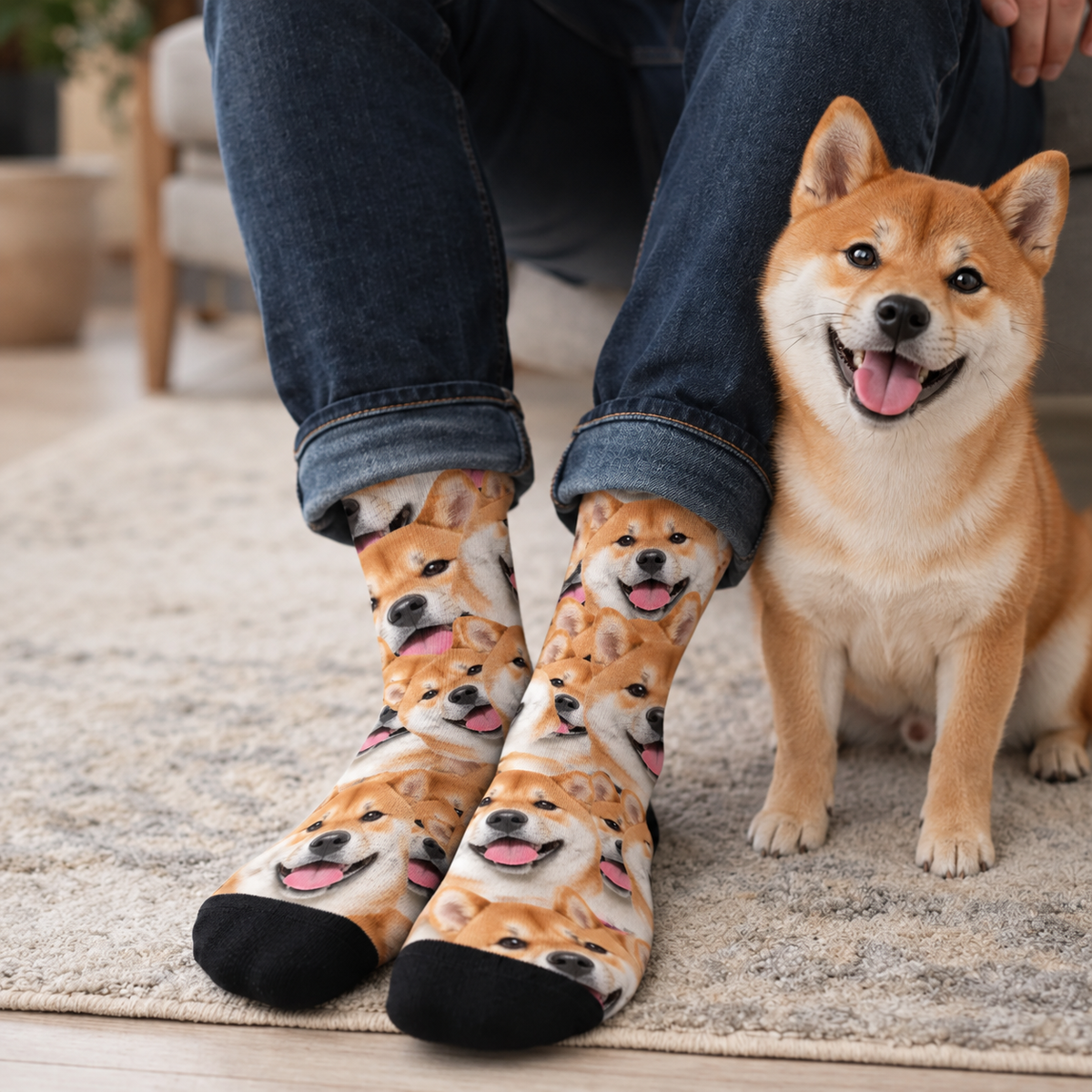 Gepersonaliseerde sokken met wild fotopatroon van shiba inu in felle kleuren, gedragen door een persoon.