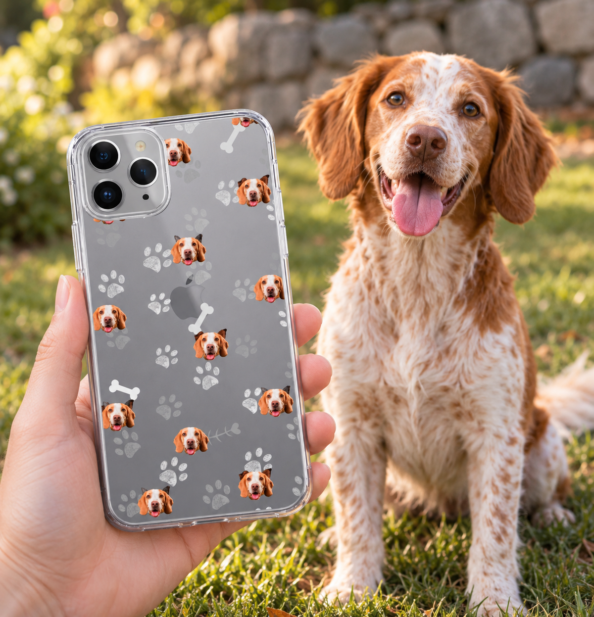 Gepersonaliseerd telefoonhoesje met hondengezichten en botjes op grijze achtergrond.