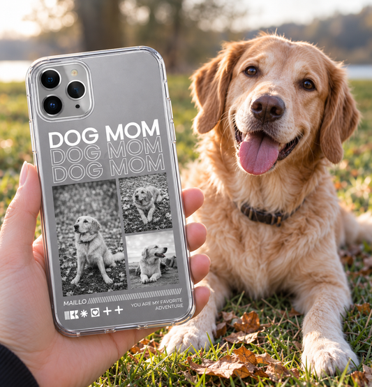 Gepersonaliseerd transparant telefoonhoesje met "Dog Mom" en foto's van een hond.