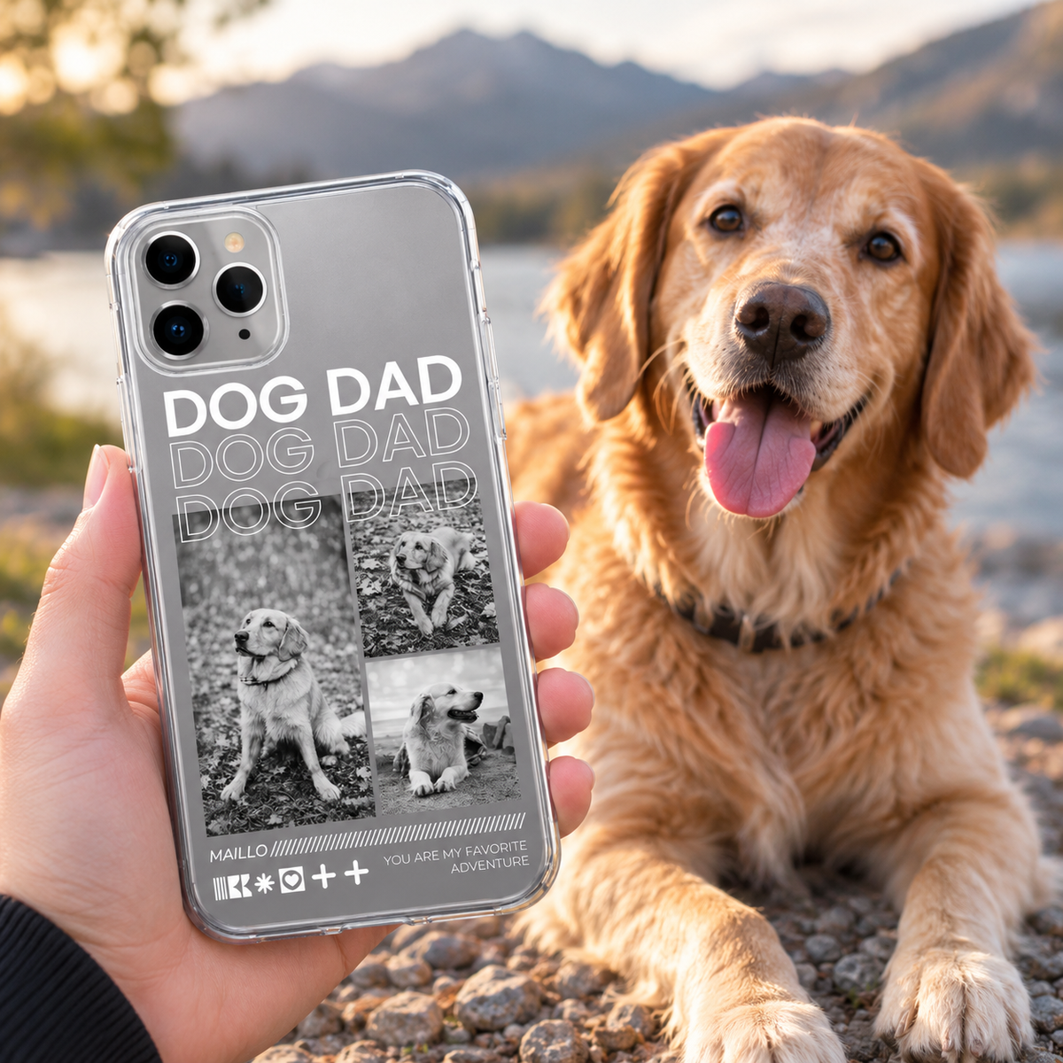 Gepersonaliseerd telefoonhoesje met opdruk "Dog Dad" en zwart-witfoto's van een hond.