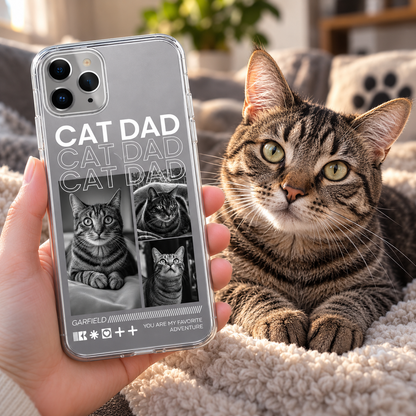Coque de téléphone personnalisée avec photos de chats et l'inscription "Cat Dad". Matière transparente.
