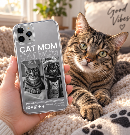 Telefoonhoesje met opdruk "Cat Mom" en foto's van katten, transparant materiaal, in een gezellige omgeving.