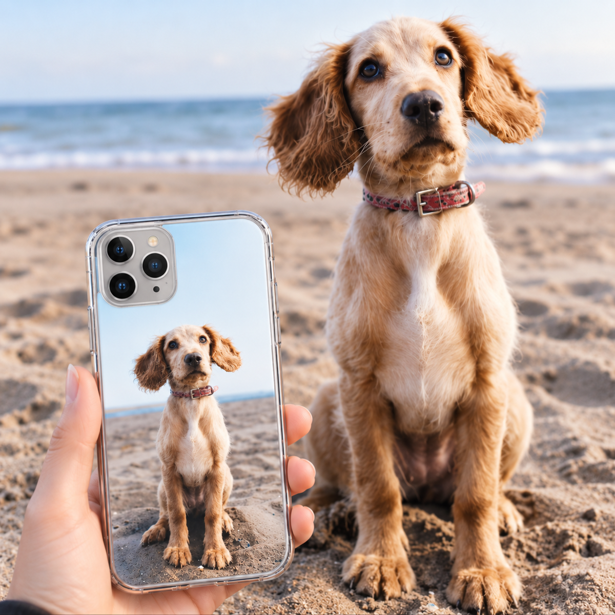 Coque de téléphone transparente personnalisée avec photo d'un chien, tenue sur la plage.