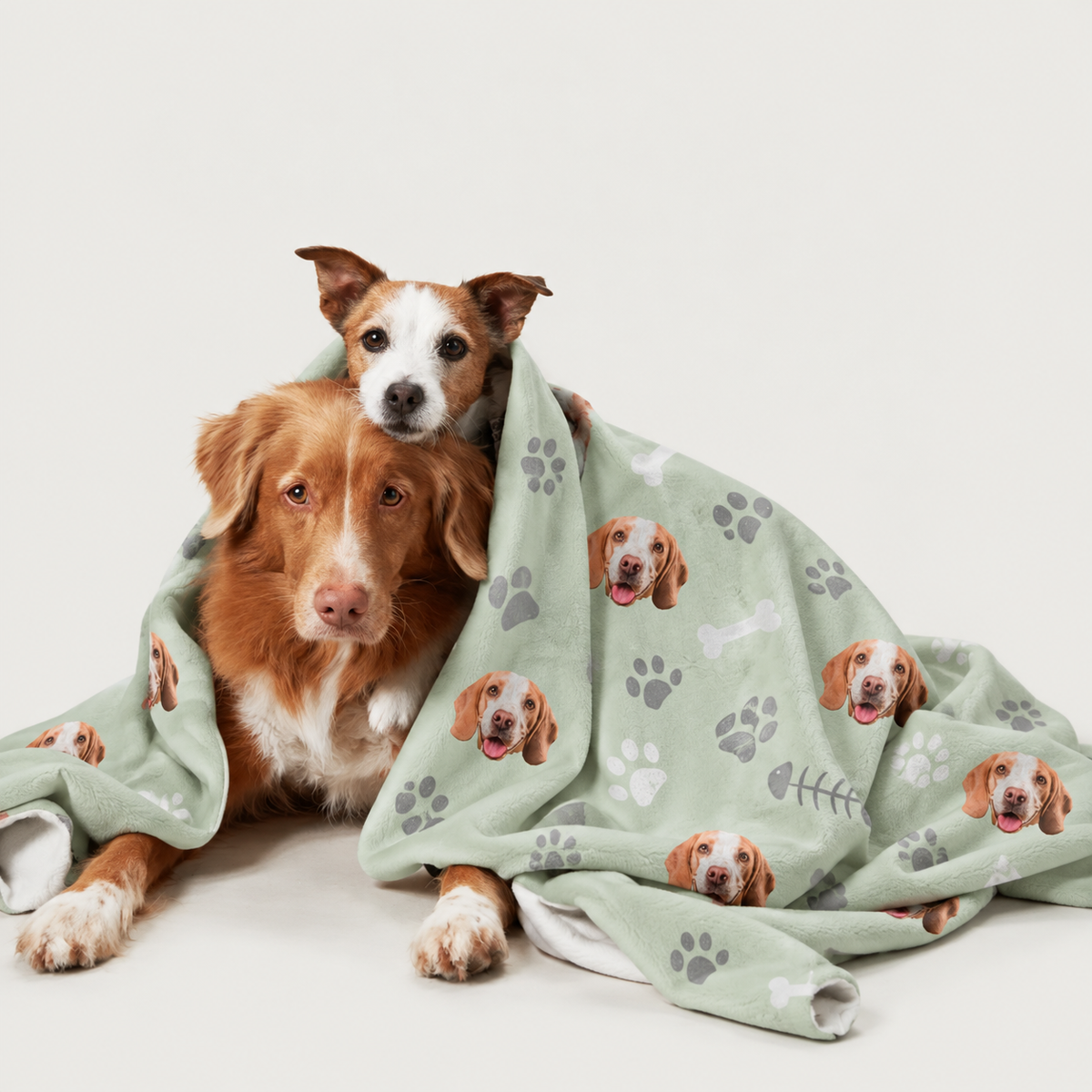 Couverture pour animal vert menthe à motifs de chiens, deux chiens blottis dedans.