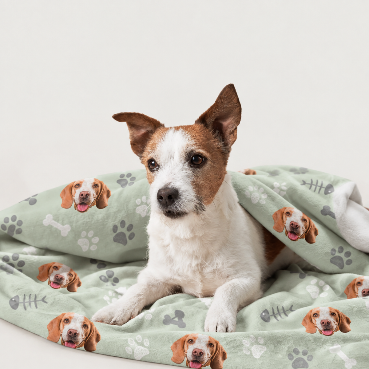 Couverture pour animal personnalisée à fond vert avec motifs de chiens imprimés, enveloppant un chien.