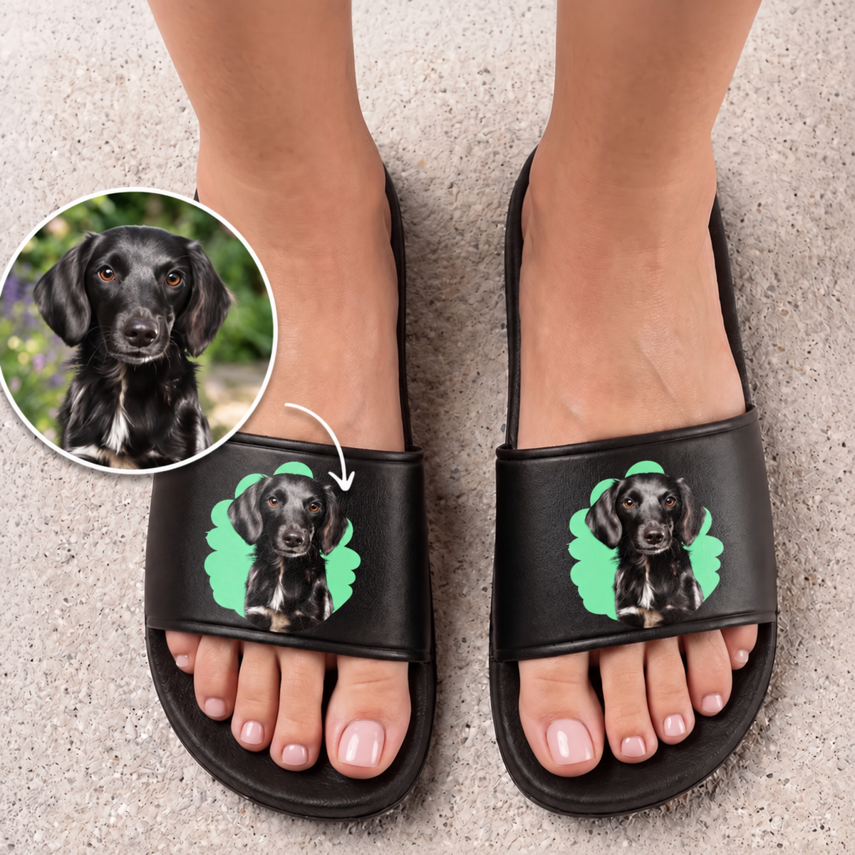 Claquettes noires avec illustration de chien personnalisée sur le dessus.