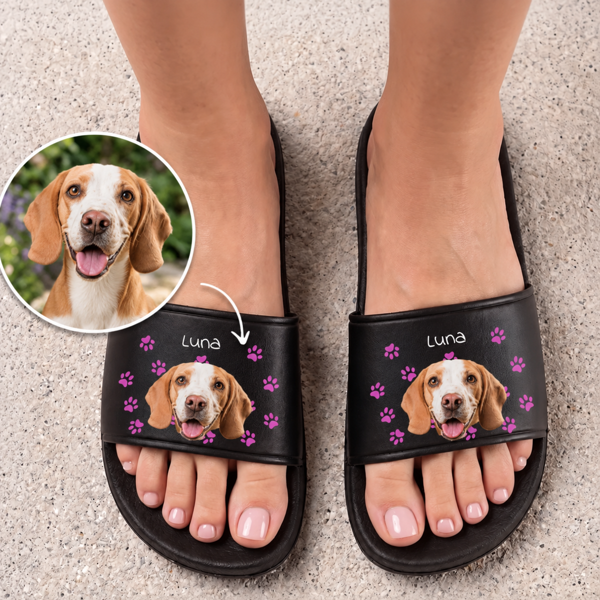 Claquettes noires personnalisées à motif de chien avec le prénom "Luna".