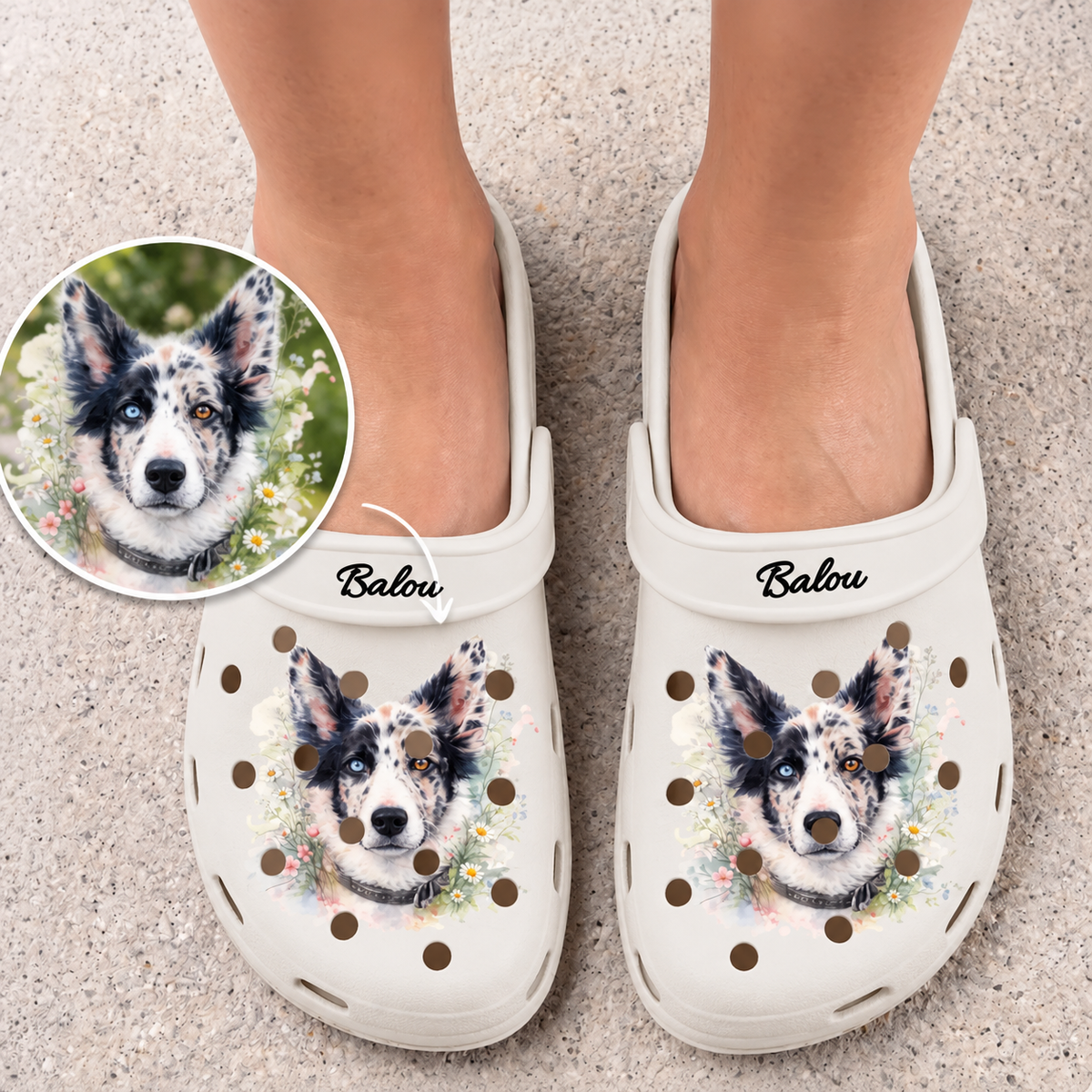 Gepersonaliseerde crèmekleurige klompen met aquarelprint van een hond en de naam "Balou".