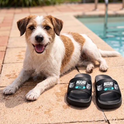 Claquettes noires personnalisées à motifs de chats, à côté d'un chien sur une terrasse de piscine.
