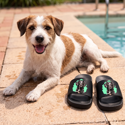 Claquettes noires personnalisées avec portrait d'animal, à côté d'un chien au bord de la piscine.
