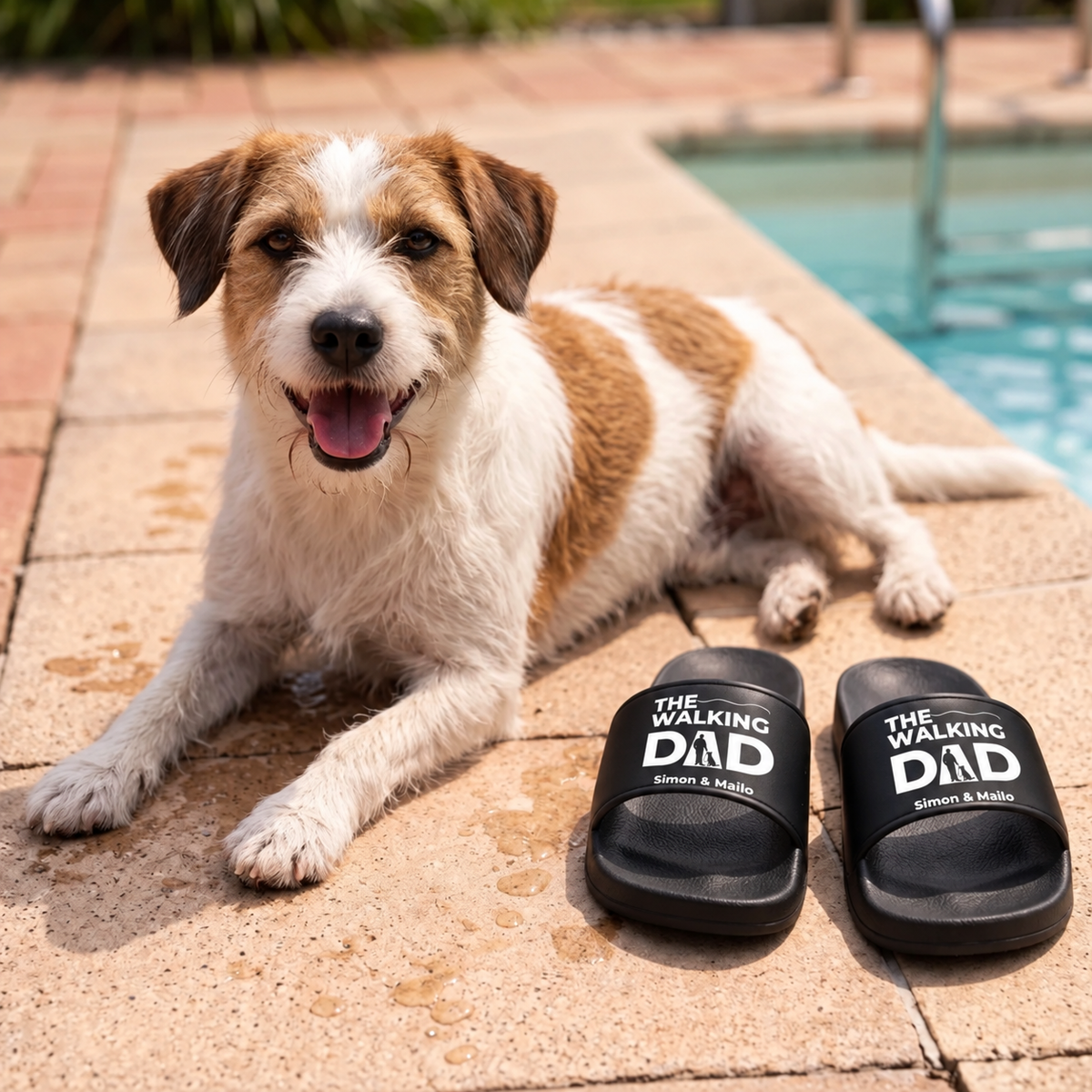 Gepersonaliseerde zwarte badslippers met opdruk "THE WALKING DAD" naast een hond bij het zwembad.