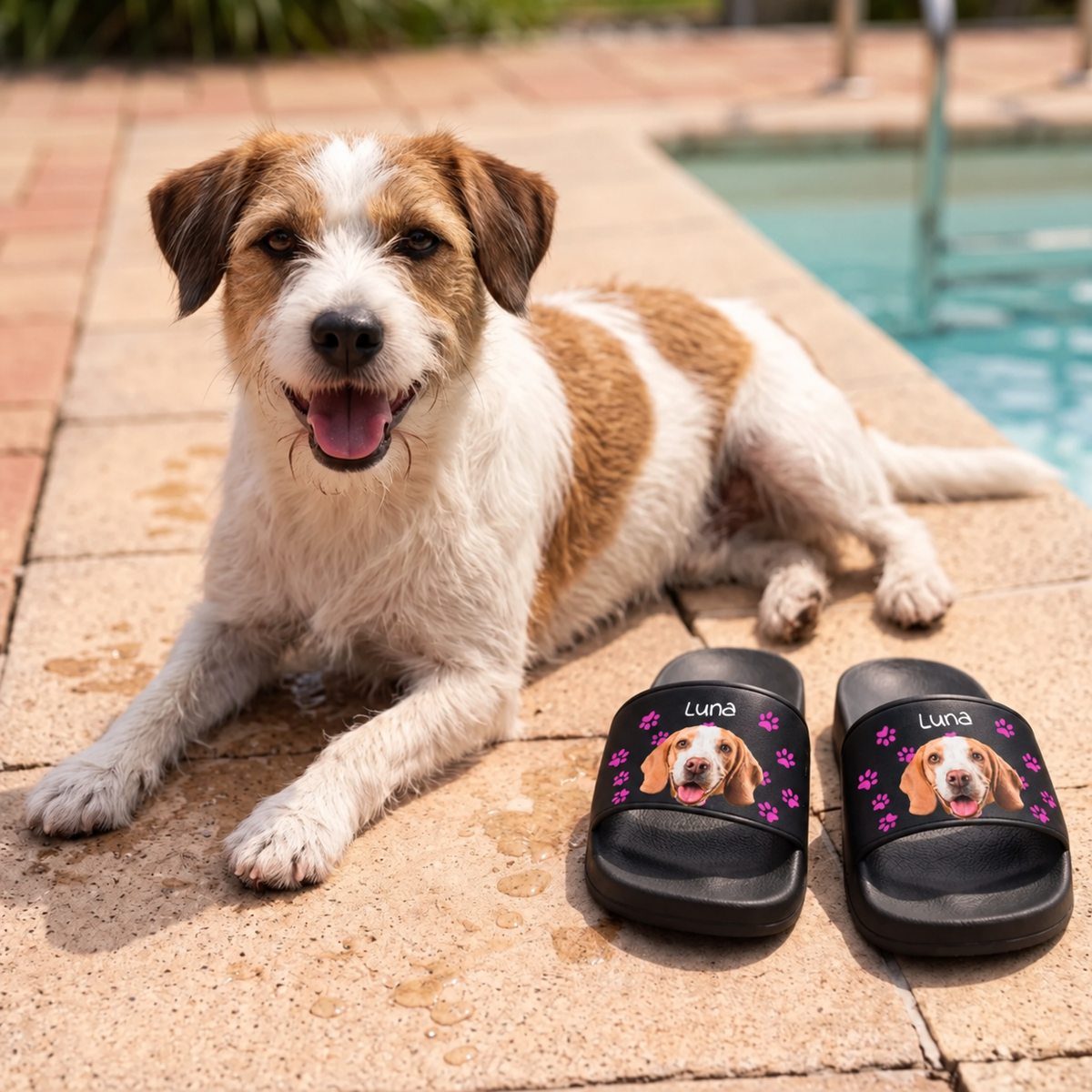 Claquettes personnalisées à motif de chien et prénom, semelle noire, au bord de la piscine à côté d'un chien.