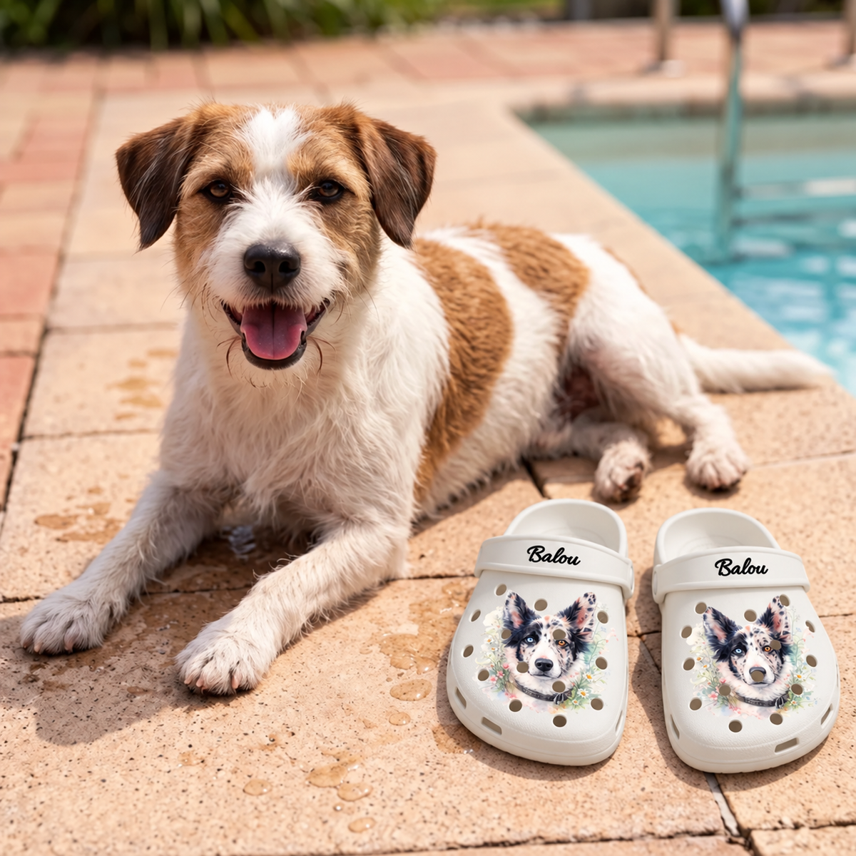 Gepersonaliseerde witte klompen met aquarelprint van een hond en de naam Balou, liggend op de vloer.