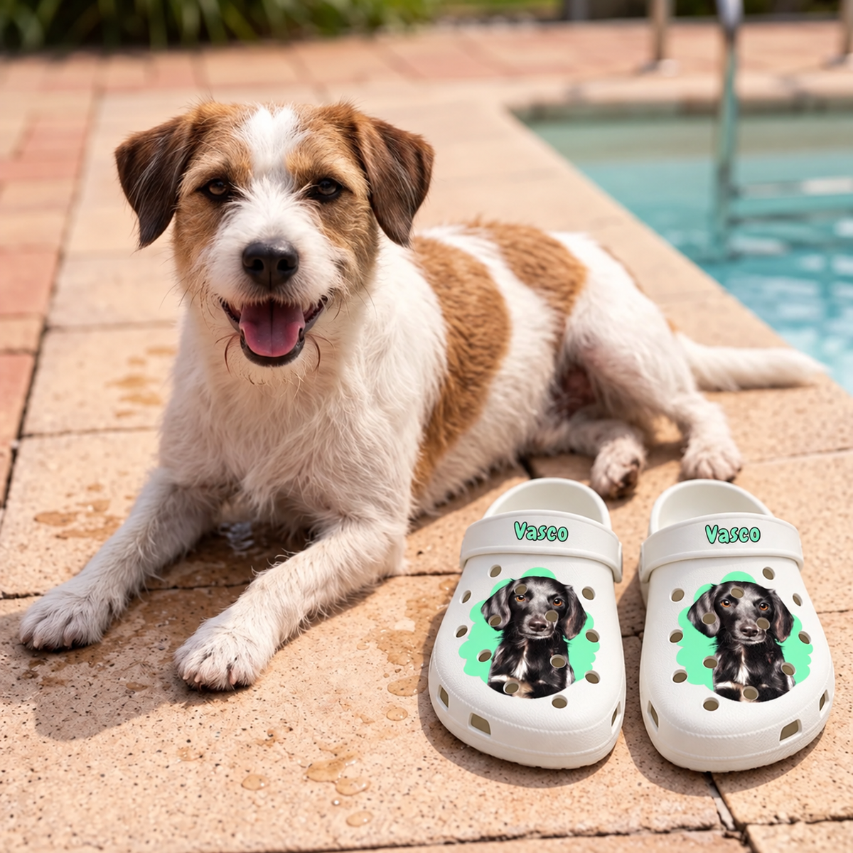 Gepersonaliseerde witte klompen met hondenportret en groene accenten, op een stenen vloer naast een hond.