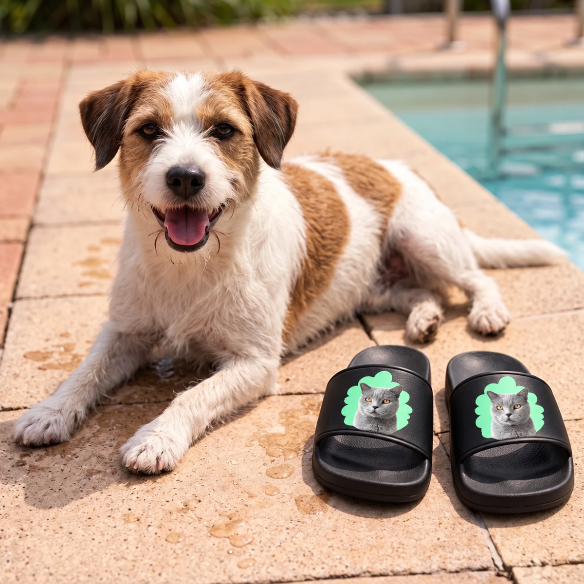 Zwarte badslippers met kattenportret op de band, liggend naast een hond op een zwembadterras.