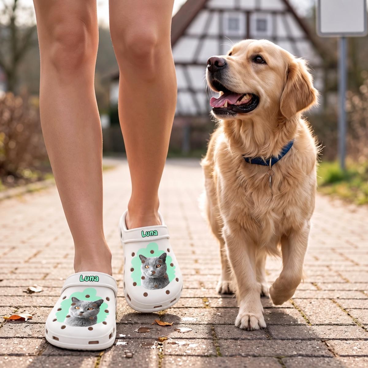 Sabots blancs personnalisés avec portrait de chat, portés par une personne qui promène un chien.