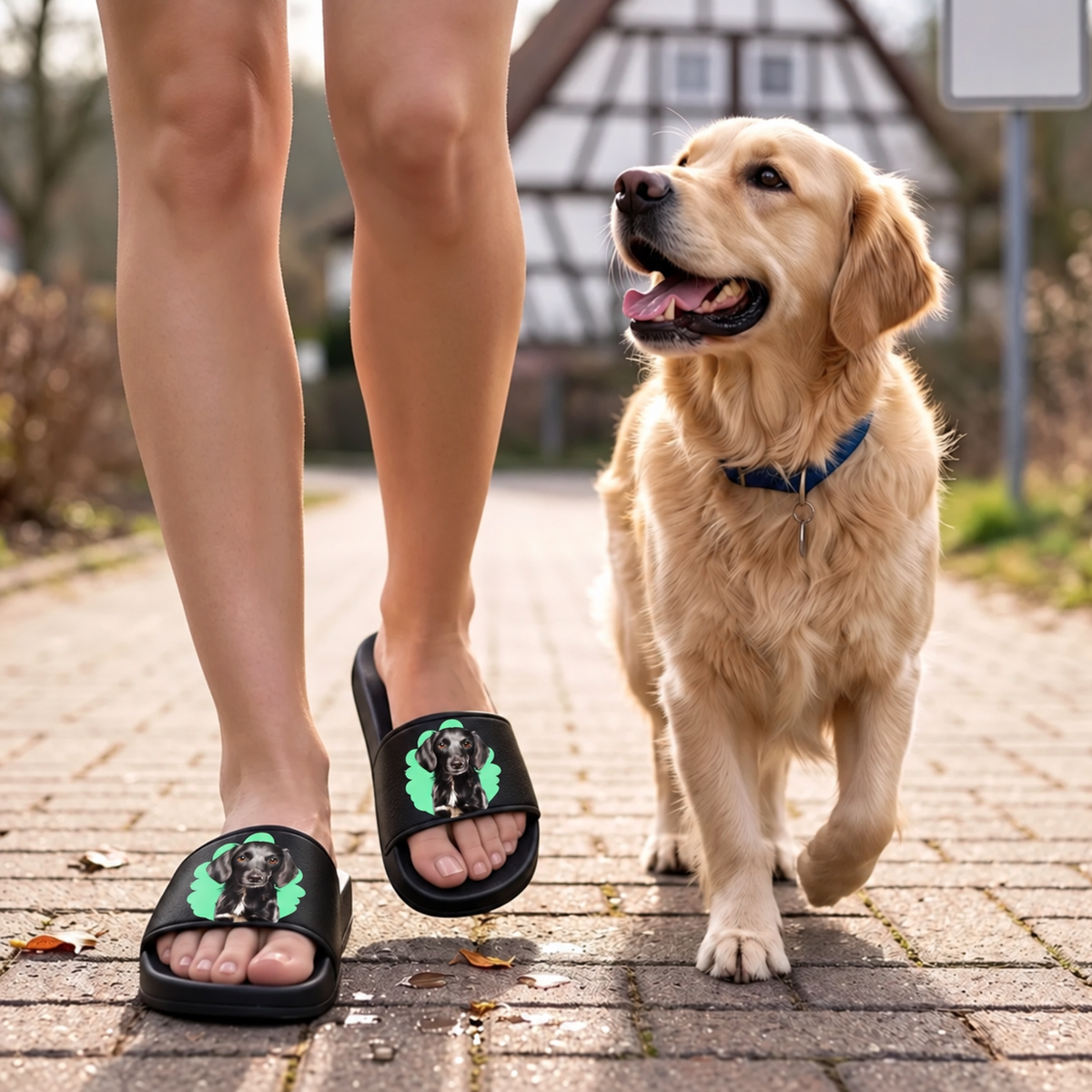Claquettes noires personnalisées avec portrait d'animal, portées lors d'une promenade avec un chien.