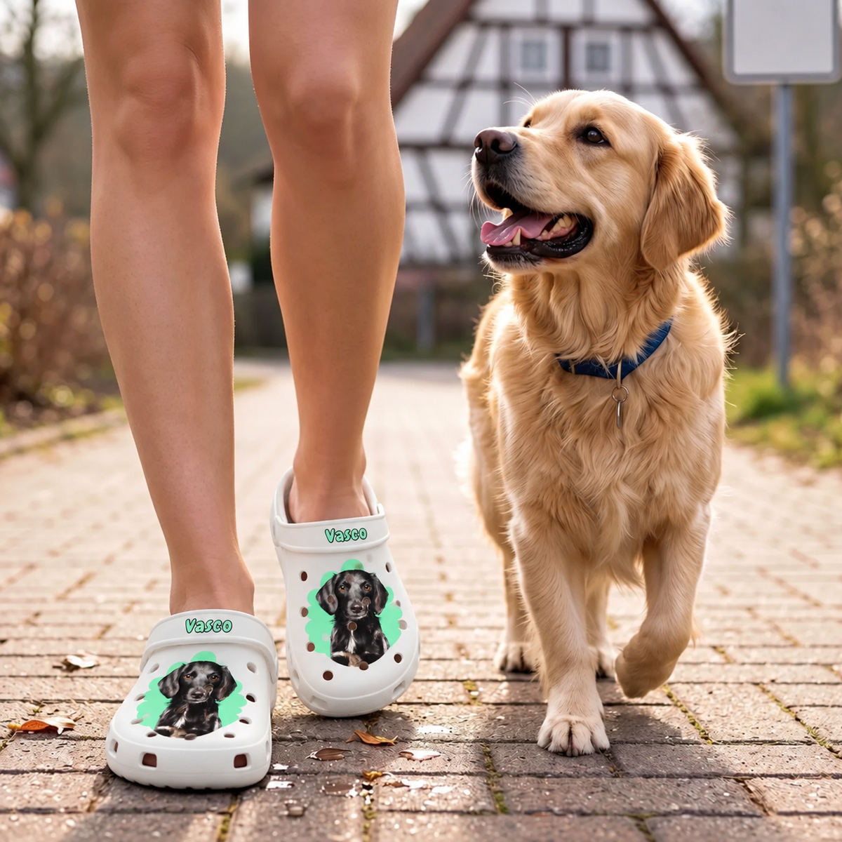 Persoon draagt gepersonaliseerde witte klompen met huisdierportret op een pad met een golden retriever.
