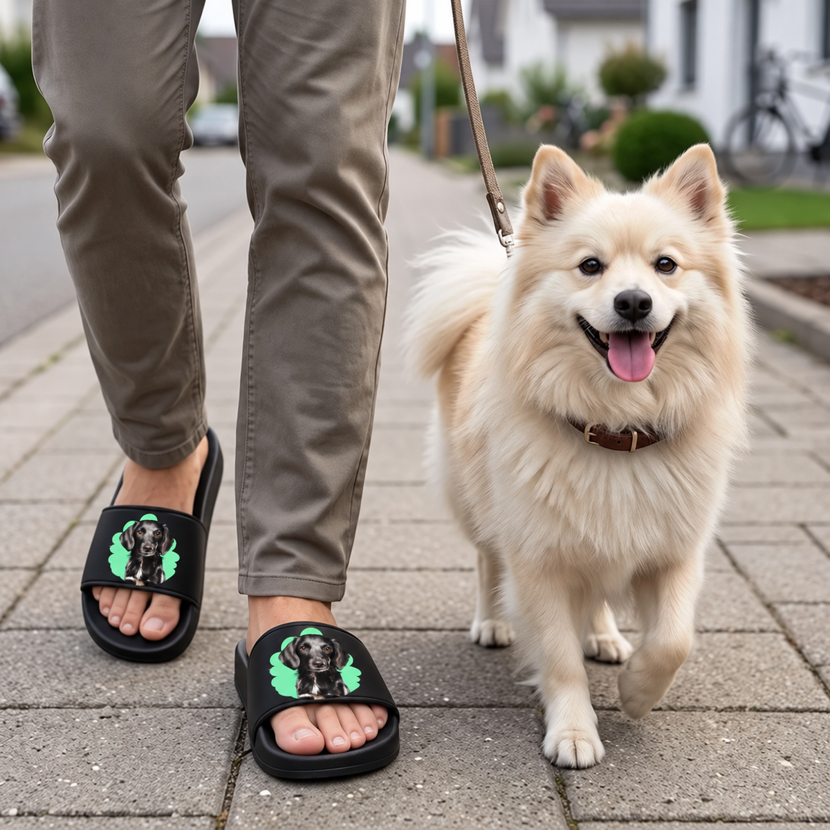 Claquettes noires avec portrait d'animal et bordure verte, portées par une personne qui promène un chien.