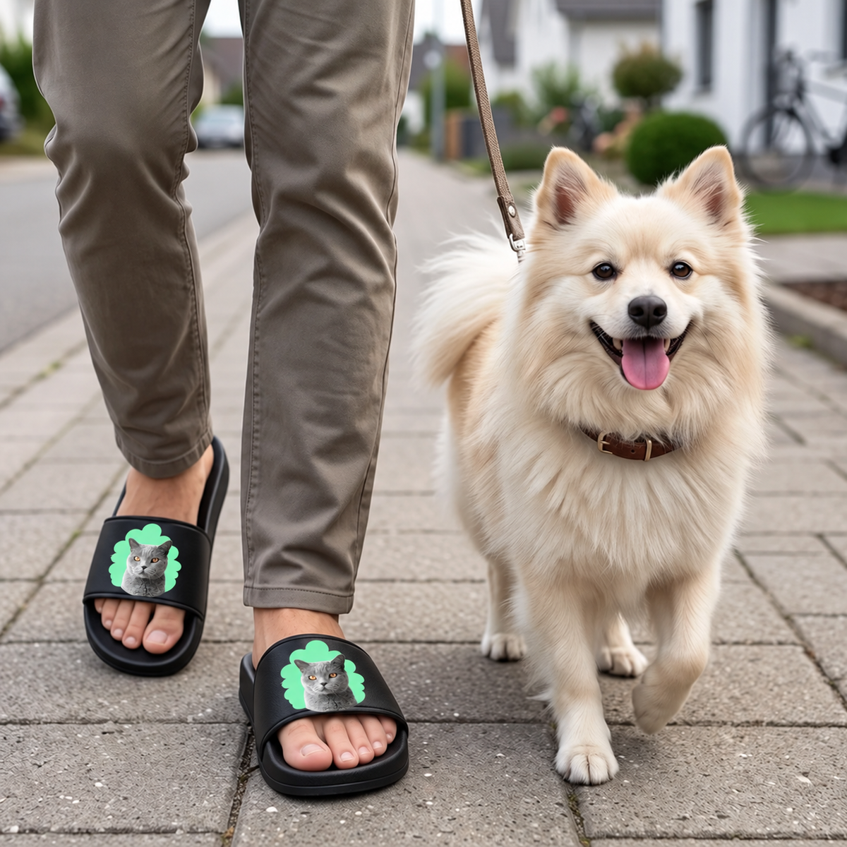 Gepersonaliseerde zwarte badslippers met kattenportret, gedragen door iemand die met een hond wandelt.