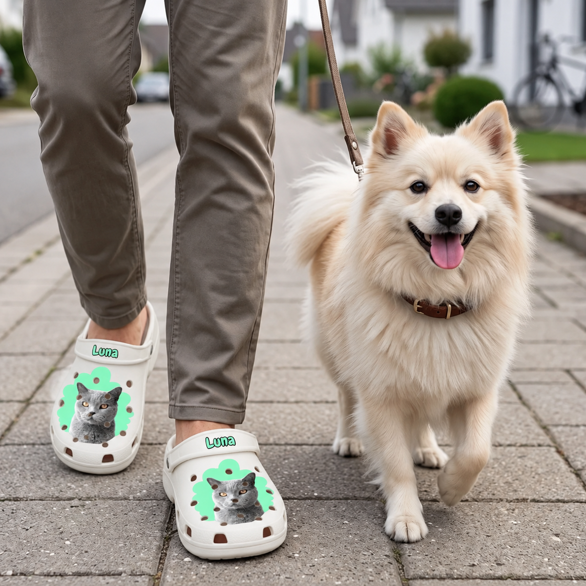 Sabots beige clair personnalisés avec portrait de chat, portés par une personne avec un chien dans la rue.