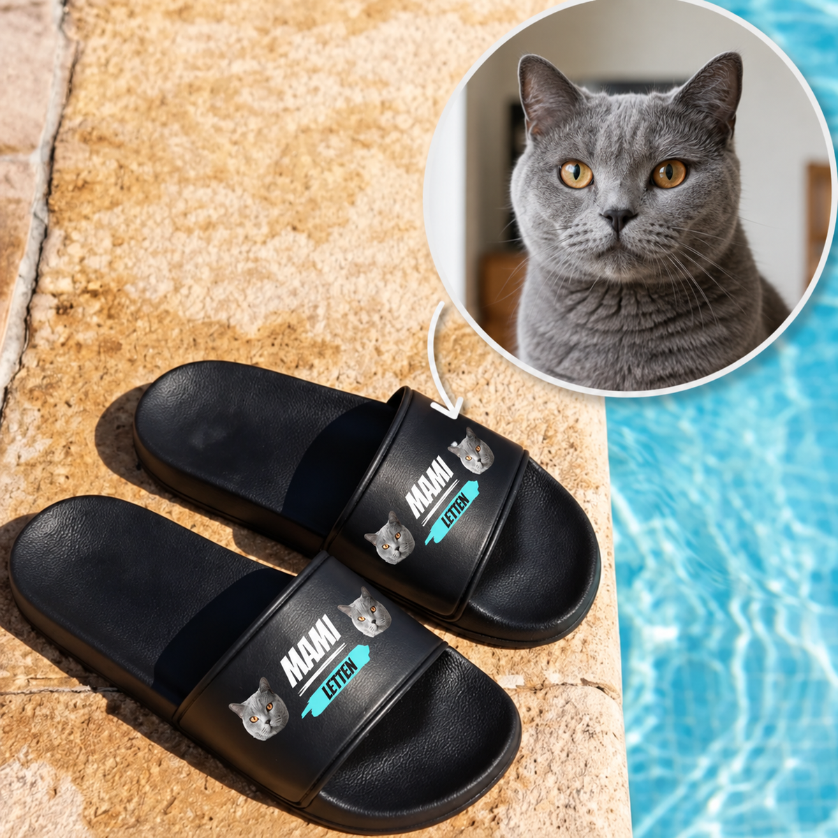 Claquettes noires personnalisées à motifs de chats avec l'inscription "MAMI LETTEN".
