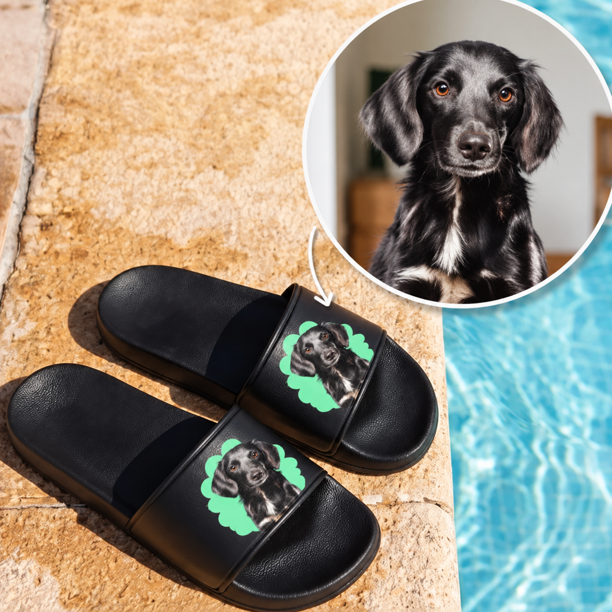 Claquettes noires avec portrait d'animal vert sur la bride. Idéales pour les amoureux des animaux.