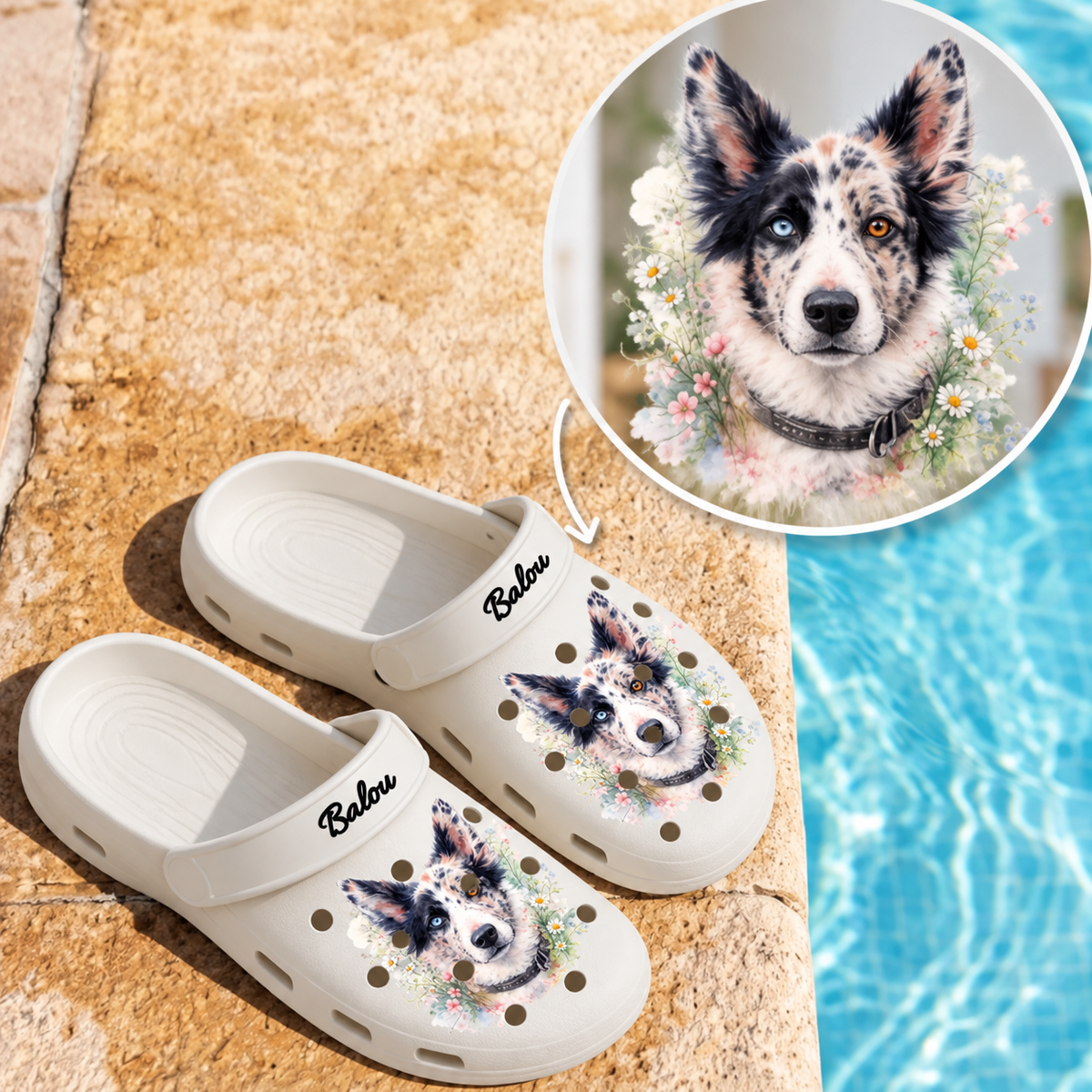 Gepersonaliseerde beige klompen met aquareltekening van een hond en de naam "Balou".