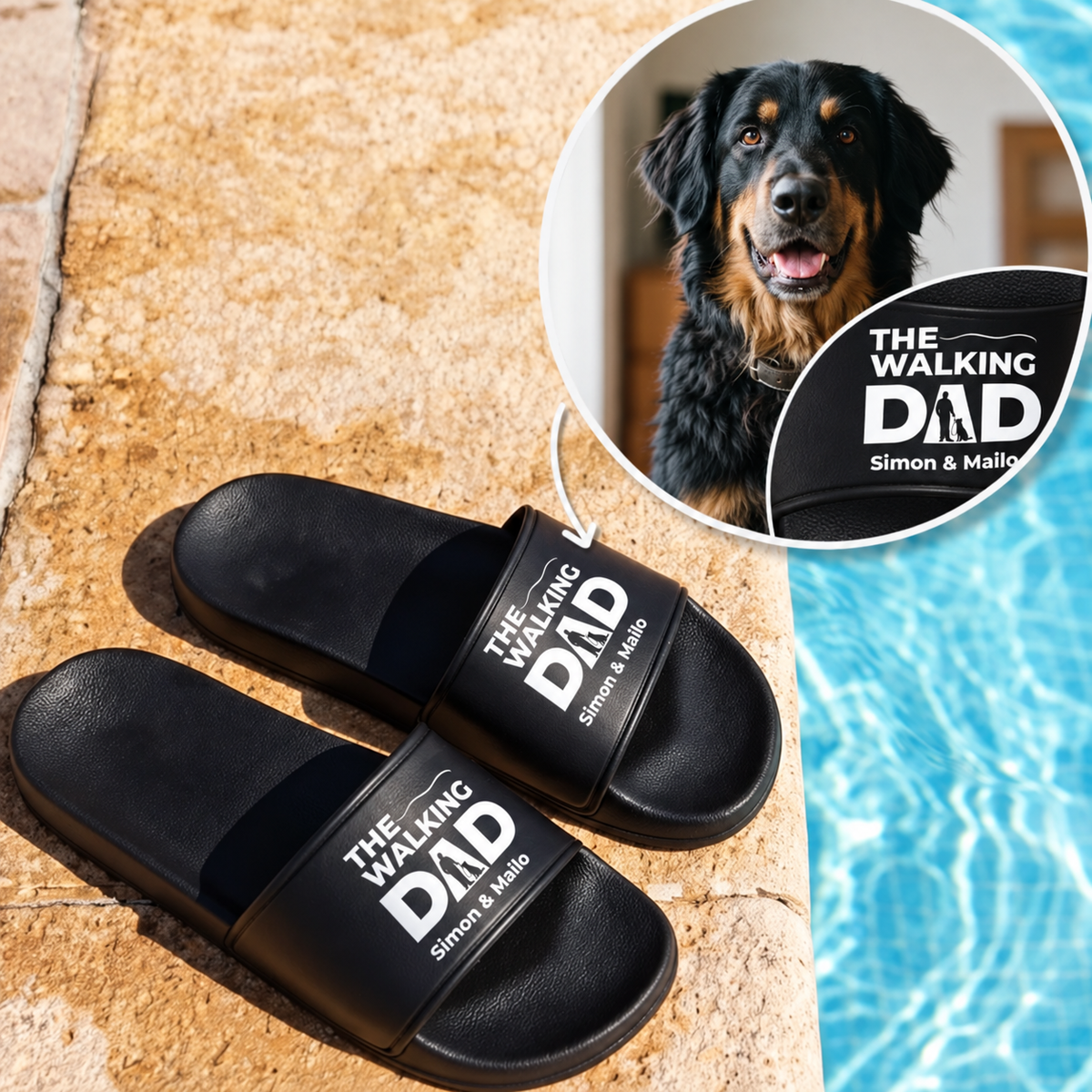 Zwarte badslippers met opdruk "THE WALKING DAD" en gepersonaliseerde namen.