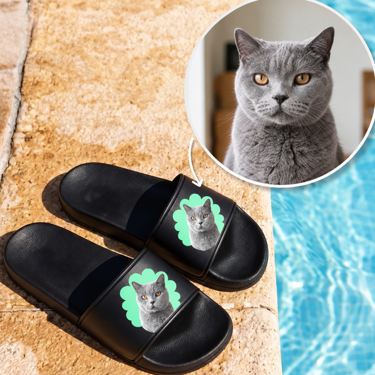 Zwarte badslippers met gepersonaliseerd kattenportret op de band.