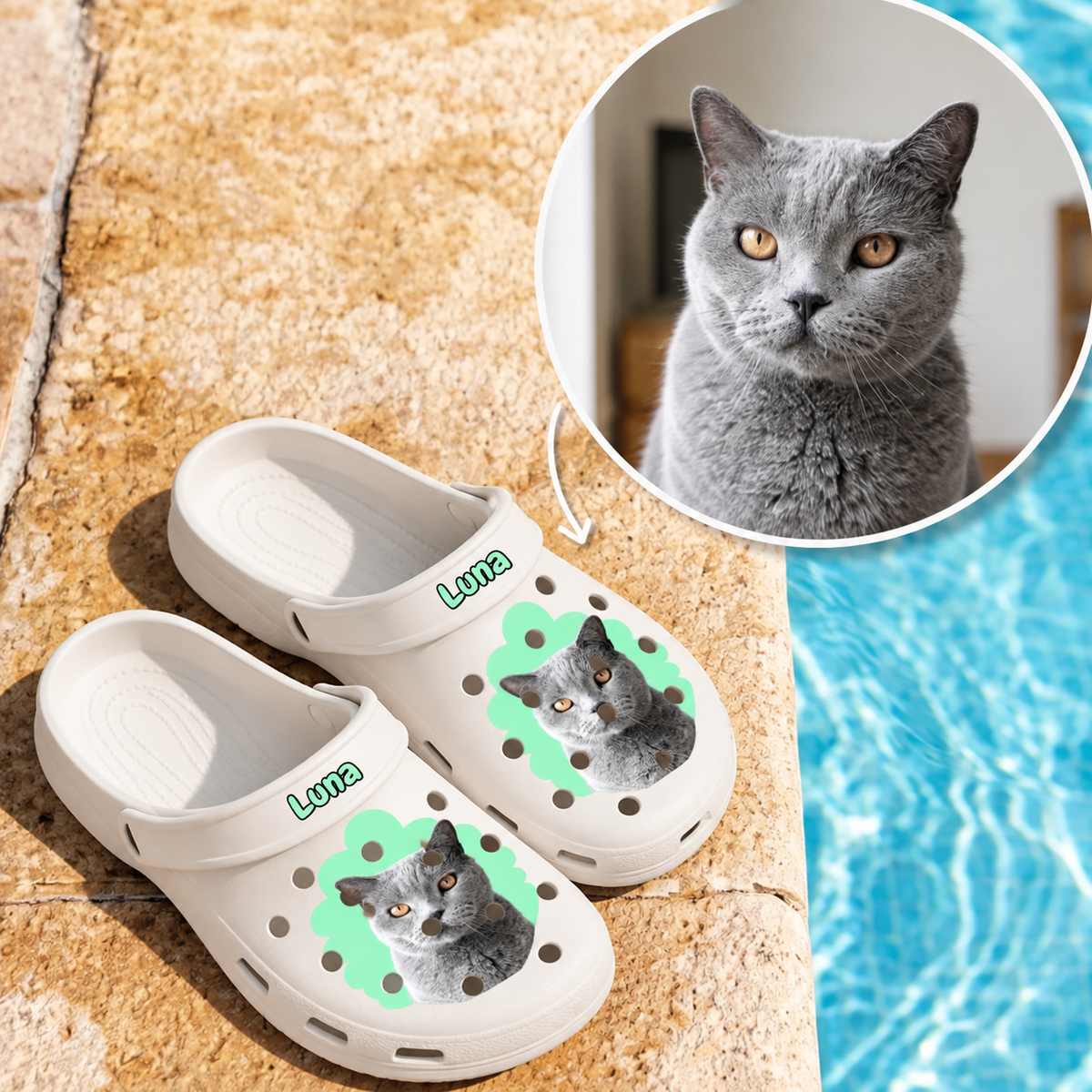 Sabots blancs personnalisés avec portrait de chat gris et le prénom "Luna" sur le dessus.