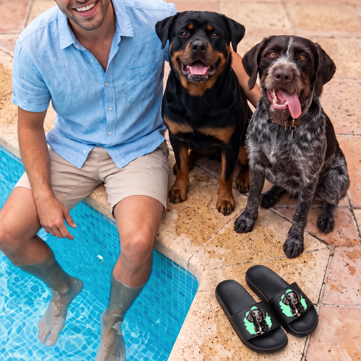 Claquettes noires personnalisées avec portrait d'animal, à côté d'un homme et de deux chiens au bord de la piscine.